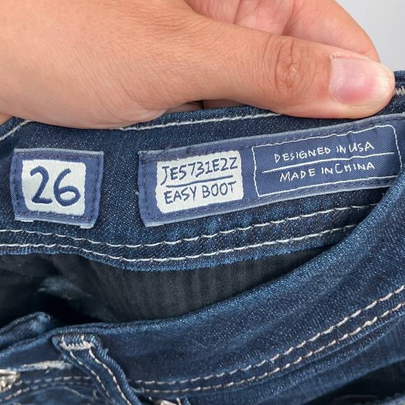 Miss Me Dark Blue Wash Easy Boot Sequin Stretch Flap Pockets Bootcut Jeans Pants - Picture 4 of 11